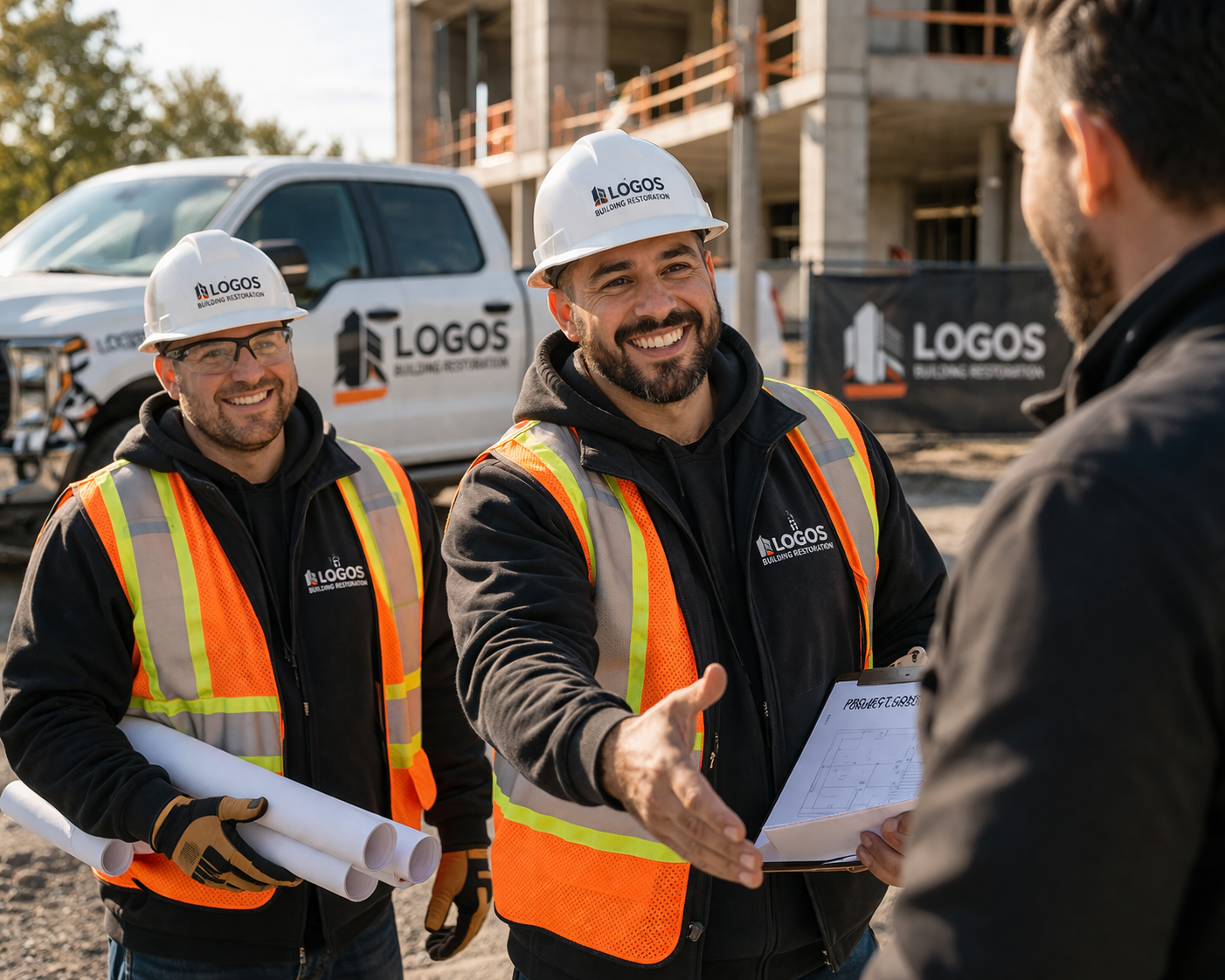 Professional construction workers greeting a client at a restoration project in Woodstock Ontario